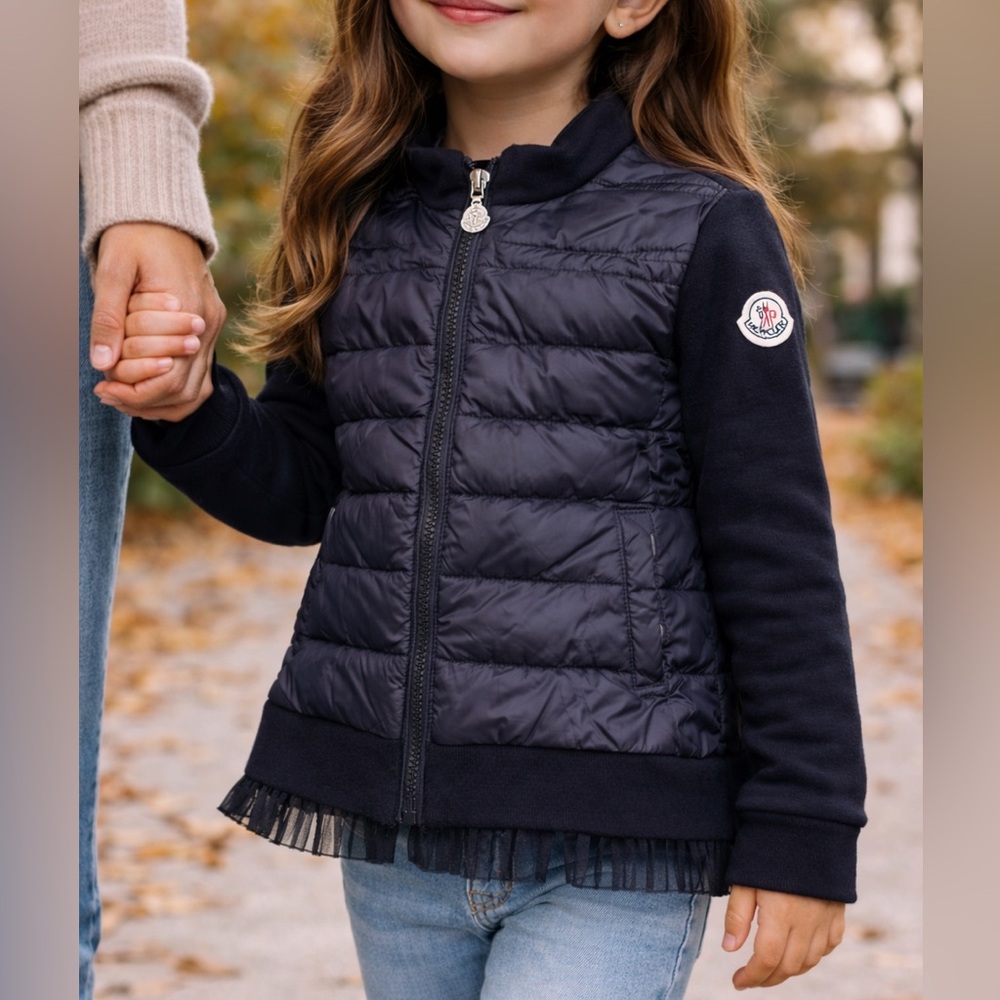Moncler Girls Pleated Hem Down Jacket – Midnight Blue – Size 6